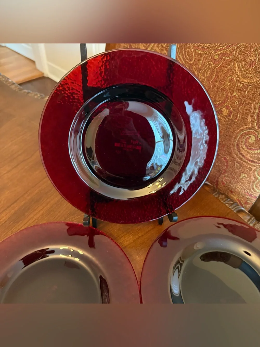 Set of 4 VTG Pier 1 Ruby Red Salad Plates - Smooth Mirror Top, Textured Bottom